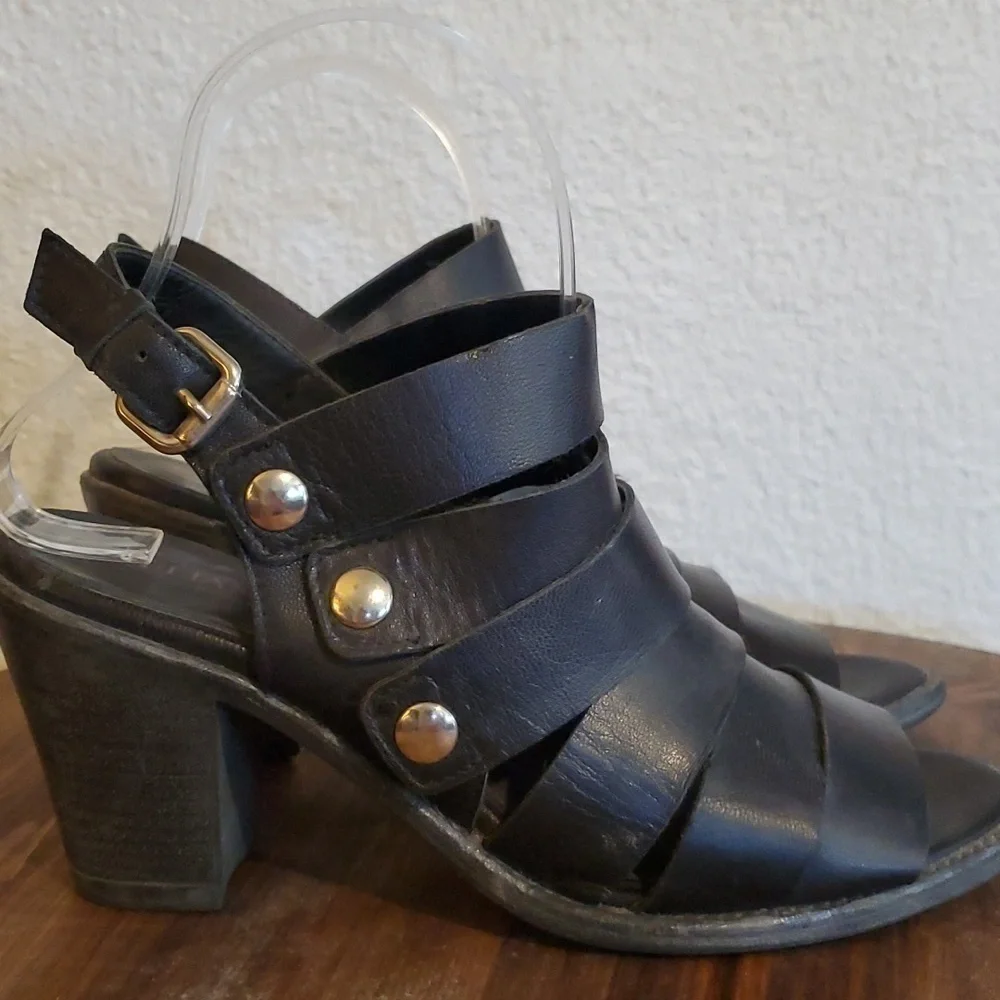 Eliana Bucci- Womens Black Strappy Leather Peep Toe Ankle Boots Heels Sz.7